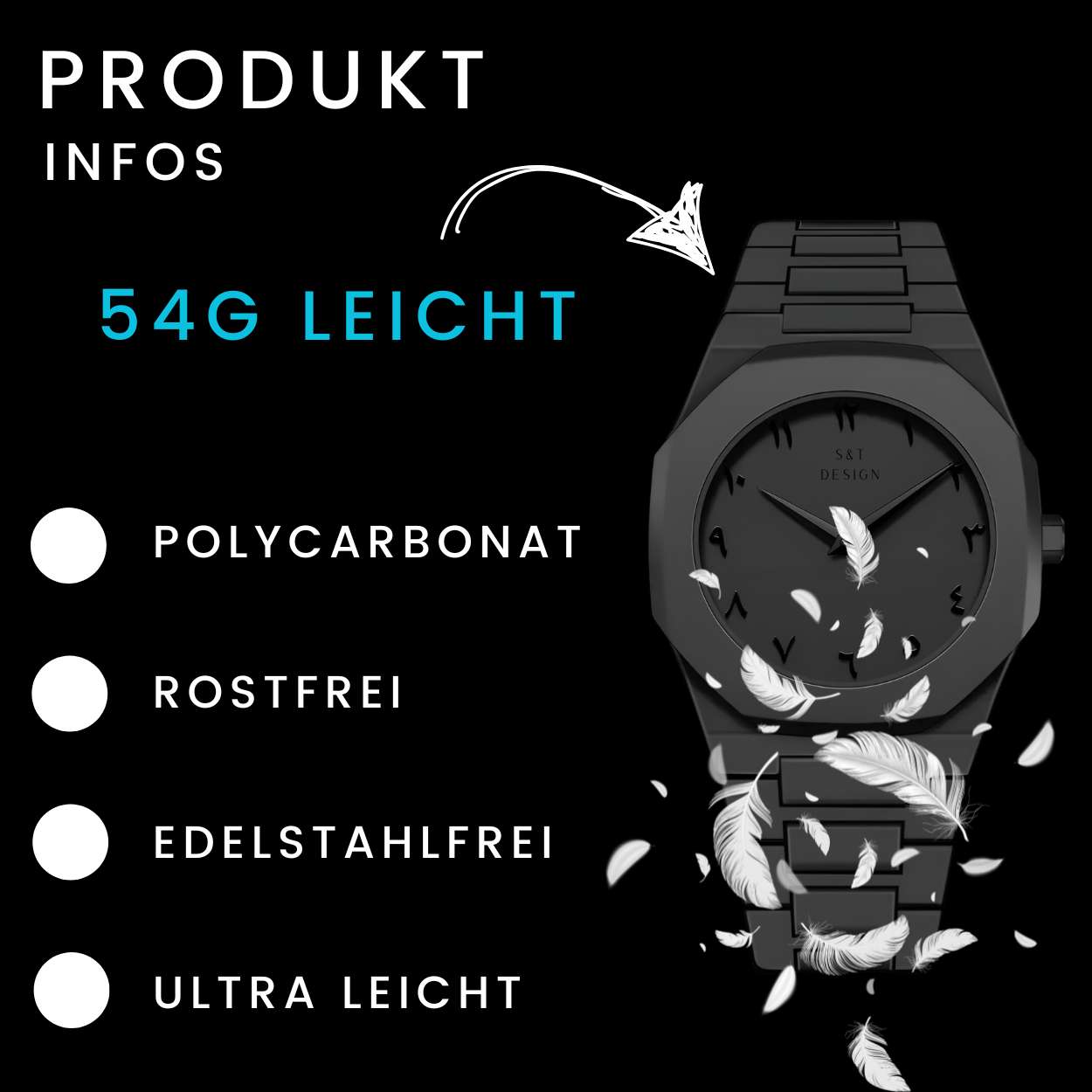 Quarzuhr Herrenuhr Armbanduhr Elegant Herren Uhr (inkl. Armbandkürzer, Ultra leicht (54g), Ultraleicht, Arabische Zahlen, Matt, Rostfrei, Polycarbonat Männer Uhr