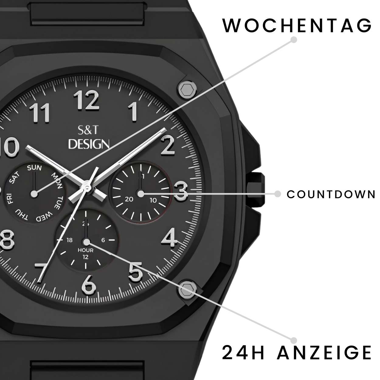 Chronograph Herrenuhr Armbanduhr Elegant Herren Uhr (inkl. Armbandkürzer, Ultra leicht (54g), Ultraleicht, Arabische Zahlen, Matt, Rostfrei, Polycarbonat Männer Uhr