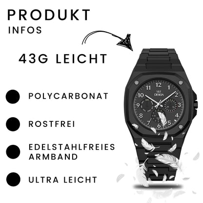 Chronograph Herrenuhr Armbanduhr Elegant Herren Uhr (inkl. Armbandkürzer, Ultra leicht (54g), Ultraleicht, Arabische Zahlen, Matt, Rostfrei, Polycarbonat Männer Uhr
